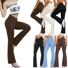 Bootcut Yoga Pants Pockets Women Flared Leggings Crossover Trousers Wide Leg