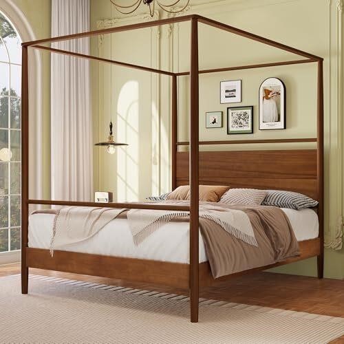 Bed Queen Walnut Wood Frame 4 Poster Modern Luxury Mid Century Modern