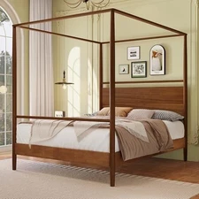 NEW! MERITLINE Canopy Bed Queen, Walnut Wood Frame 