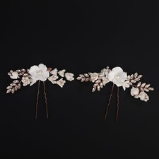 2 PCS Rose Gold Bridal Hair Pins, White Flower Leaf, Rhinestone Pearl Headpiece