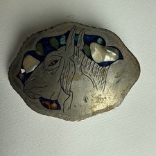 Vintage Mexican Alpaca Silver Goat Belt Buckle Abalone Turquoise Inlay