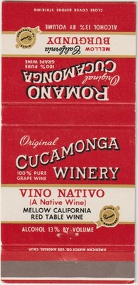 Original Cucamonga Winery CUCAMONGA, CA. Front Strike 30-Stick Matchbook Cover