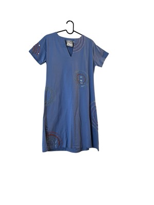 Michael Simon Lite Vintage Embroidered Beaded Blue Short Sleeve T-Shirt Dress