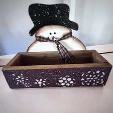 Primitive Wood Snowman Christmas Card Storage Box Decor Potpourri Holder