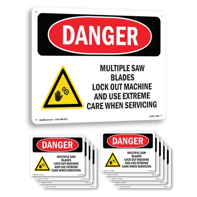 Multiple Saw Blades Lock Out OSHA Danger Sign Metal, Plastic, Decal 5 or 10 Pack