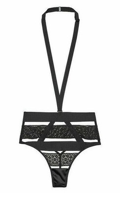 Victorias Secret Black Banded High Waist Strappy Thong Size L Neck Harness NWT