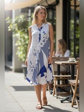 Sleeveless Asymmetrical Blue Floral Midi Dress by