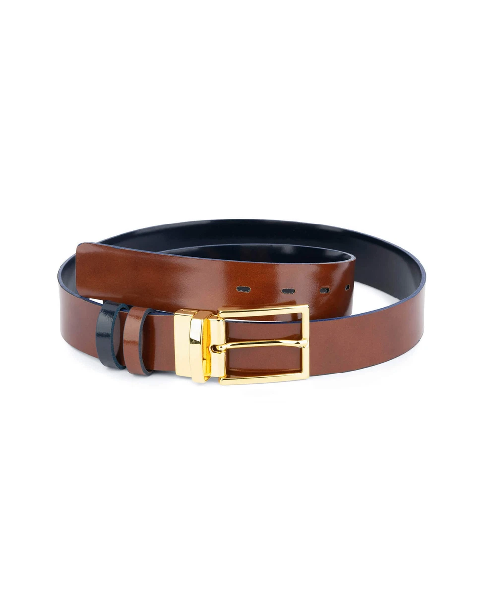 Blue Brown Reversible Mens Belt With Gold Buckle Genuine Leather