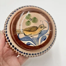Tonala Trinket Jar Bowl lid BIRD Hand Painted Signed  Jal H. L. Mexico - READ