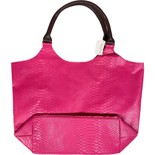 NEIMAN MARCUS SHINY BUTTERY DEEP PINK SNAKE EMBOSSED BROWN HANDLES NEW WITH TAGS - Picture 2 of 5