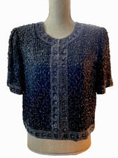 Vintage Laurence Kazar Womens XL Black Silk Beaded Sequined Evening Jacket READ
