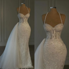 Charming Applique Wedding Dresses Halter Mermaid Bridal Gowns Detachable Train