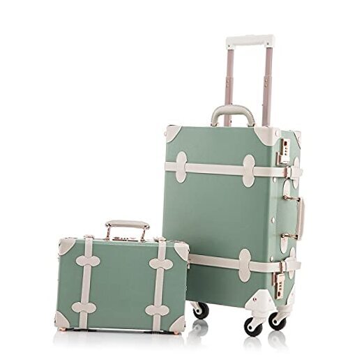  2 Piece Vintage Luggage Set 20 inch Carry on Suitcase 20" + 12" Matcha Green