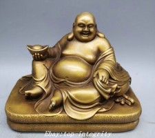 5.1" Old Tibet Pure Bronze Gilt Happy Laugh Maitreya Buddha Yuanbao Statue