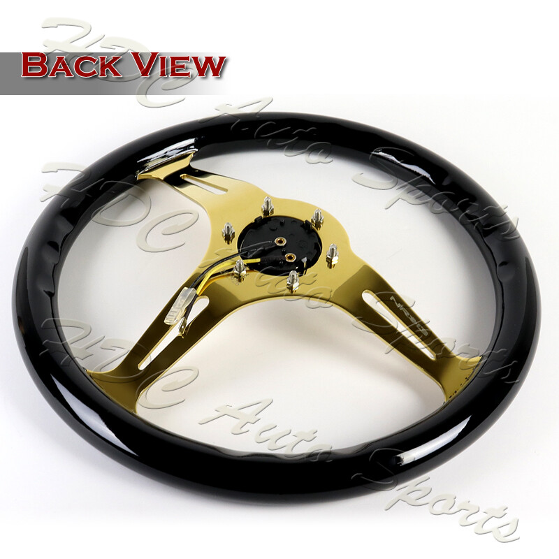 NRG 350MM Black Classic Wood Grip Chrome Gold Spokes Steering Wheel ST-015CG-BK