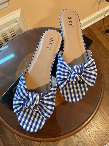 Diba Blue and White Gingham Check Bow Slip On Sandals Size 9M - Picture 2 of 8