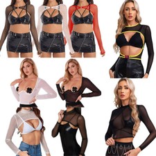 Women's Mesh Sheer See Through Crop Tops Cut Out Backless Tee Shirts Sexy Tops