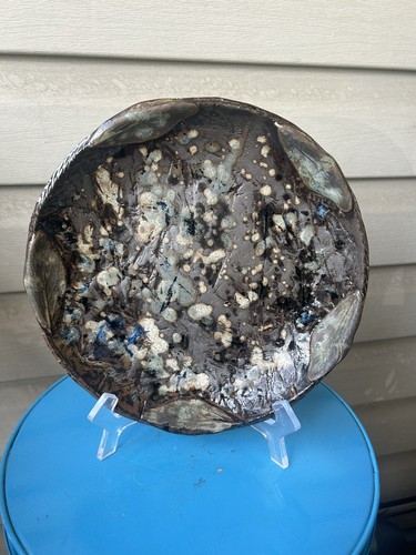 MM Pottery Brown Blue Splatter Ash Abstract Art Pottery Shallow Bowl Dish 9.5"