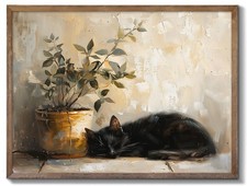 Unframed Black Cat Canvas Wall Art, Vintage Sleeping Cat with Plant Picture W...