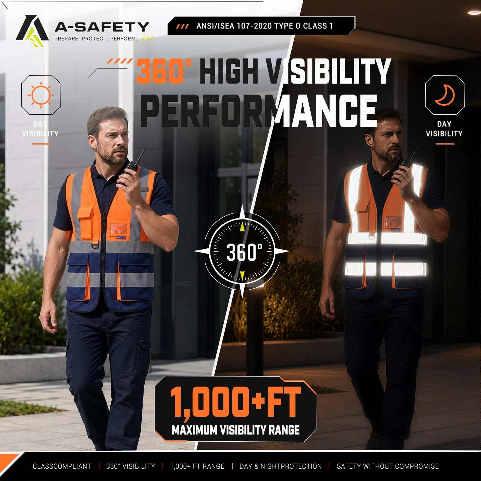 Hi-Vis Reflective Vest, Reinforced Points, Zipper, Orange/Navy, M image 2