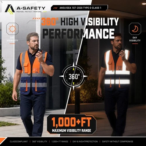 Hi-Vis Reflective Vest, Reinforced Points, Zipper, Orange/Navy, M image 2