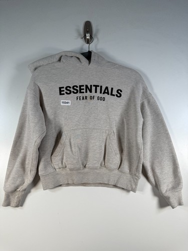 Essentials Fear Of God Kids Pullover Fleece Cropped Hoodie Gray Size Medium (8)