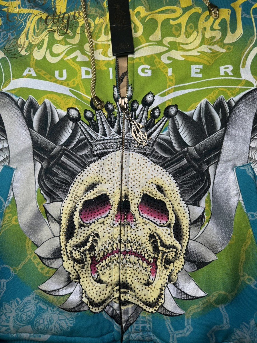VTG Ed Hardy Christian Audigier Mens L Full Zip Hoodie Green Skull