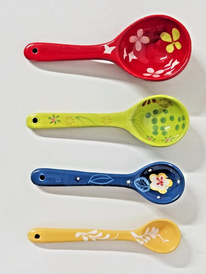 Набор из 4 керамических мерных ложек с ручной росписью с цветочным рисунком 1 чайная ложка–1/4 чайной ложки - Изображение 3 из 4
