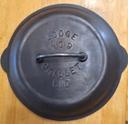VTG ANTIQUE Lodge No. 9 Skillet Lid Cast Iron Embossed Lettering. small crack