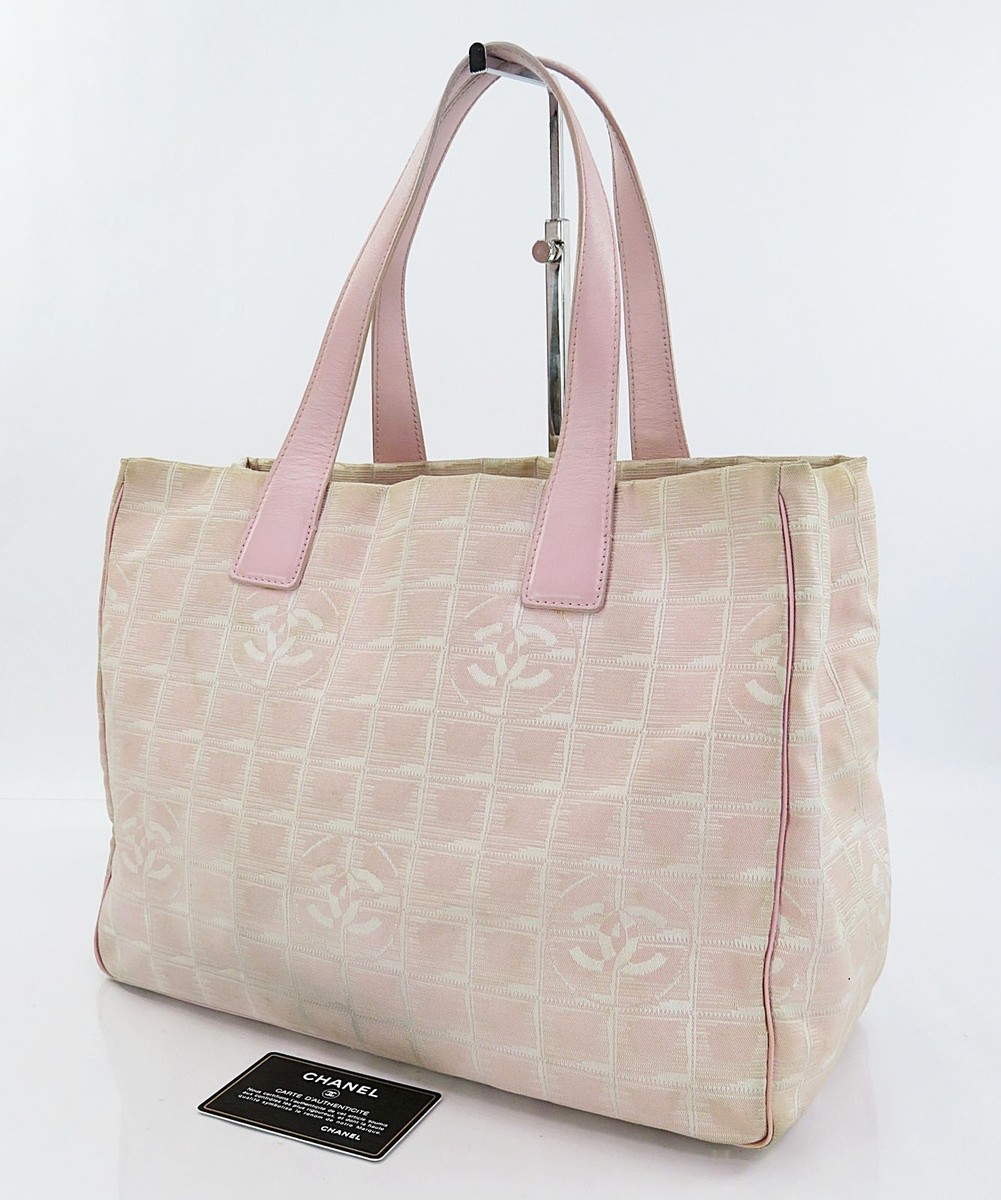Auth CHANEL New Travel Line Pink Nylon and Leather Tote Hand Bag