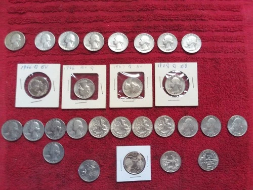 28 Washington Quarters Some AU - Silver `55- 4 Commemorative- Nice starter set