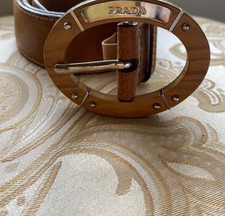 PRADA Brown Leather Belt with Wooden Buckle and Sliver Hardware
