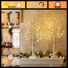 2FT LED Birch Tree Lamp - Warm White Light, Battery Powered, Timer, 2PK - Christ