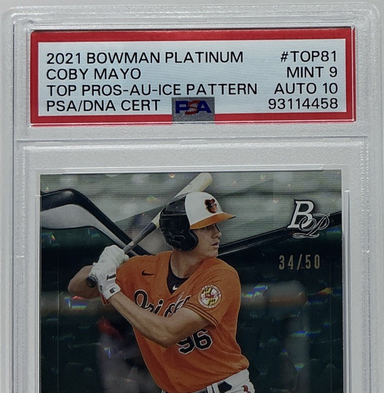 Coby Mayo Rookie Auto PSA 9/10- 2021 Bowman Platinum Prospects ‘Ice Pattern’ /50 view 2