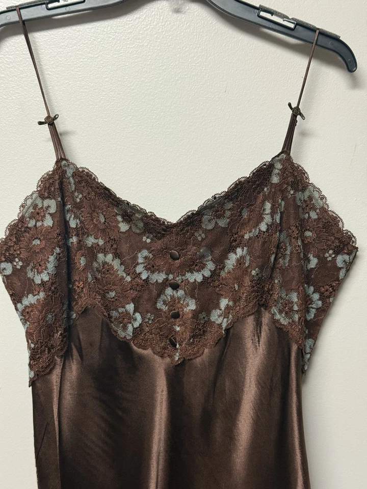 Camisón Vestido Cabernet Marrón Satinado Encaje Talla L Y2K Foto 3 de 4