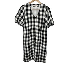 Loft Short Sleeve Shirt Dress Womens 0 Black White Gingham Check Plaid Linen 