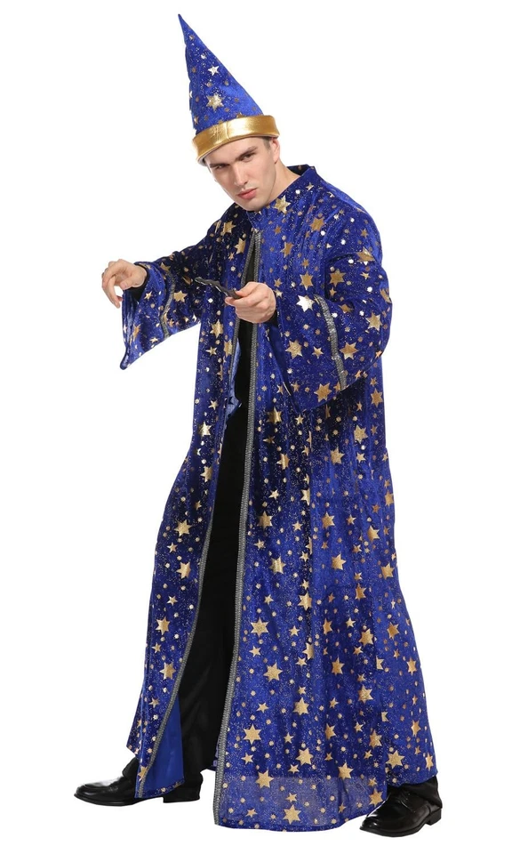 Adults Wizard Costume Wizard Cloak Stars Magician Cape and Hat Witch Cloak bl... - Image 2 of 4