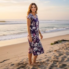 J. Jill Purple Floral V Neck Short Sleeve Maxi Dress Rayon Size M Flowy Boho