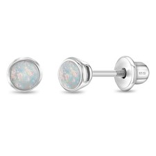Bezel Opal Kids / Children's / Girls Earrings Screw Back - Sterling Silver