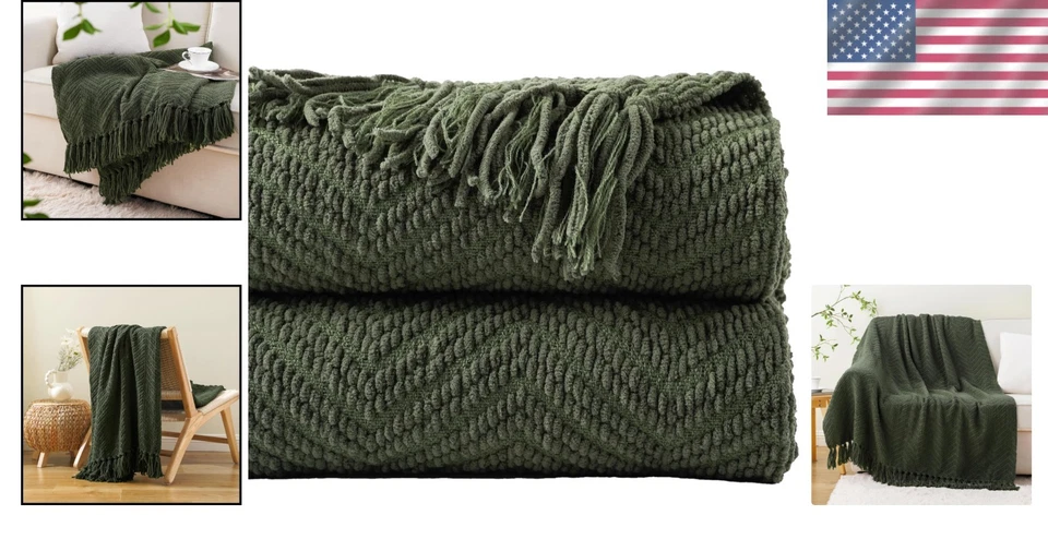 Olive Green Herringbone Throw - Shabby Chic Home Decor 60x80 - Image 2 of 4