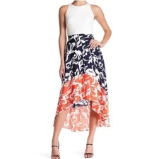 Vince Camuto White Top Blue Coral Floral Dress Sz 6 Chiffon Sleeveless Tropical