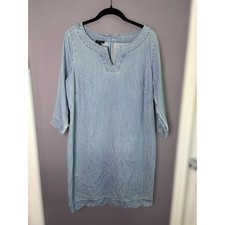 Talbots Denim Dress 12 Petite Split V Neck Scalloped Trim Long Sleeve