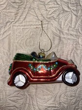 Vtg Ornament Old Car Glass Ornament Molded 5  X 2.5  Never Used Red Green Gold