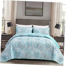 Paisley Quilt Set Size Boho Bedspread Coverlet Set 3 Pieces, Soft King Blue