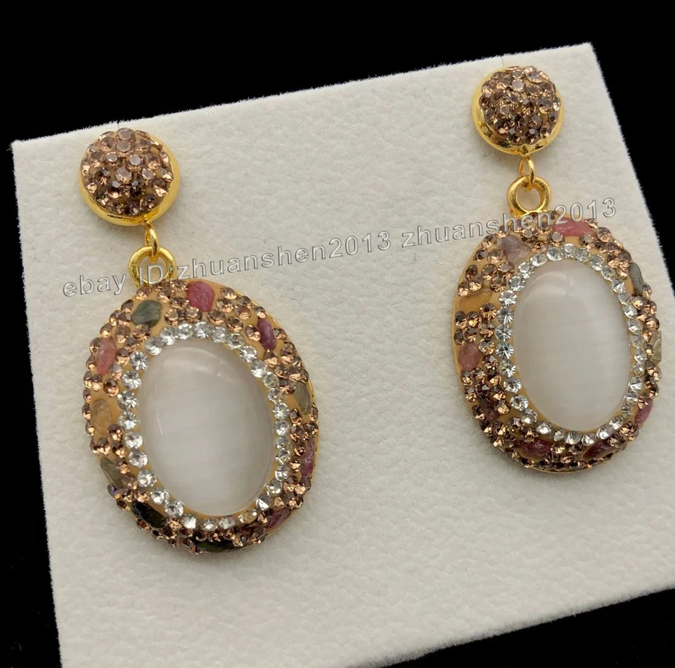 Brincos ovais de opala olho de gato turmalina cristal gemas incrustadas anel pingente colar - Imagem 3 de 4