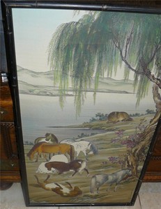 ANTIQUE-CHINESE-ASIAN-LARGE-PAINTING-ON-SILK-PICTURE-8-HORSES