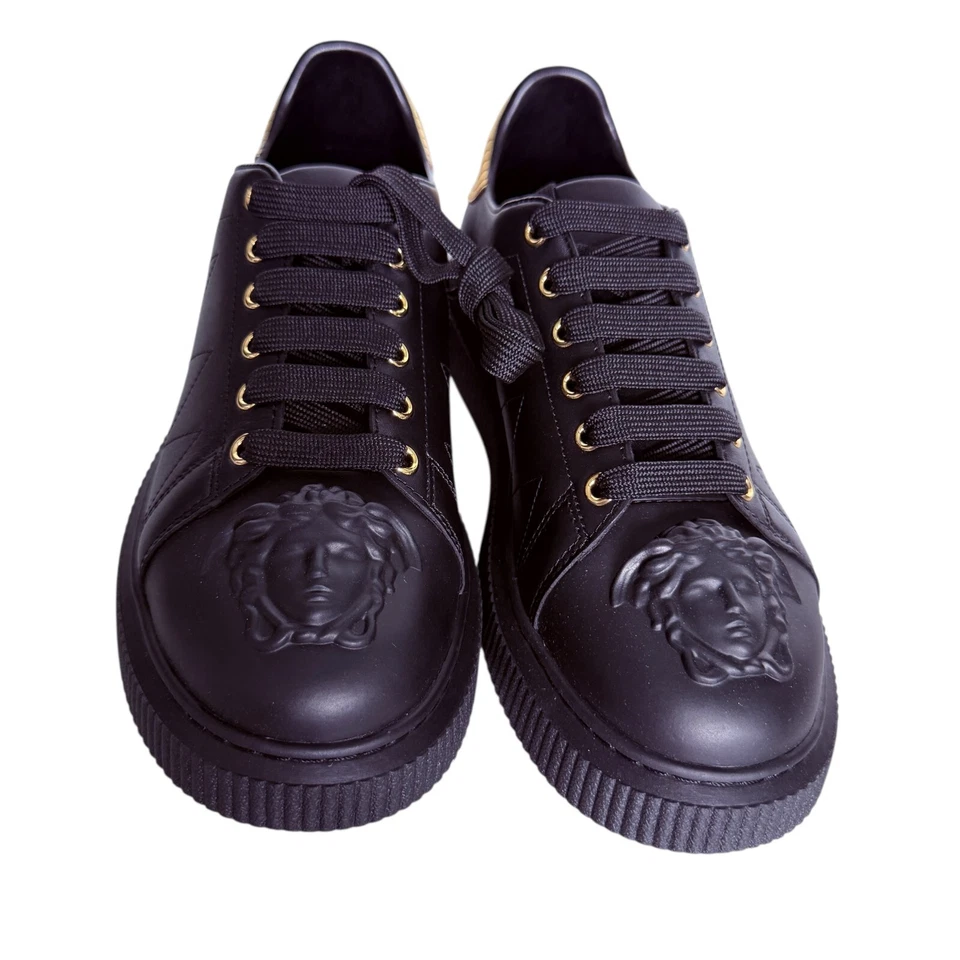 Versace Womens 1008961 Medusa Black Leather Sneakers W Gold fabric heel sizes - Image 3 of 4