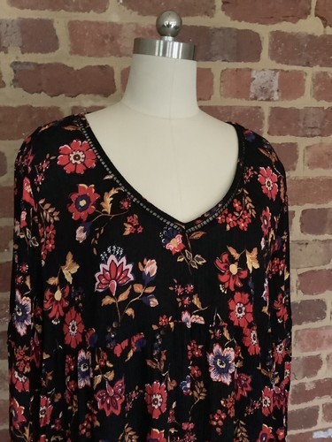 Lily Loves Ladies 16 black top Peasant floral print hi low Tunic blouse Bell - Picture 2 of 9