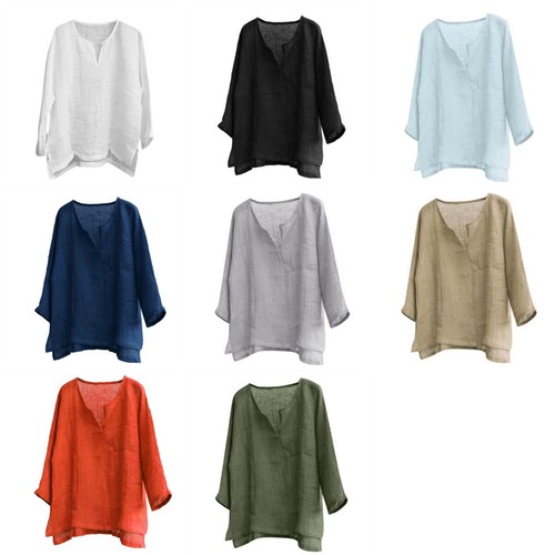 Men's Cotton Linen V-neck Shirt Loose Breathable Long Sleeve Yoga Blouse T-shirt - Picture 5 of 21