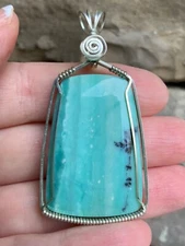 Huge Blue Opalized Wood Sterling Silver Pendant Handcrafted